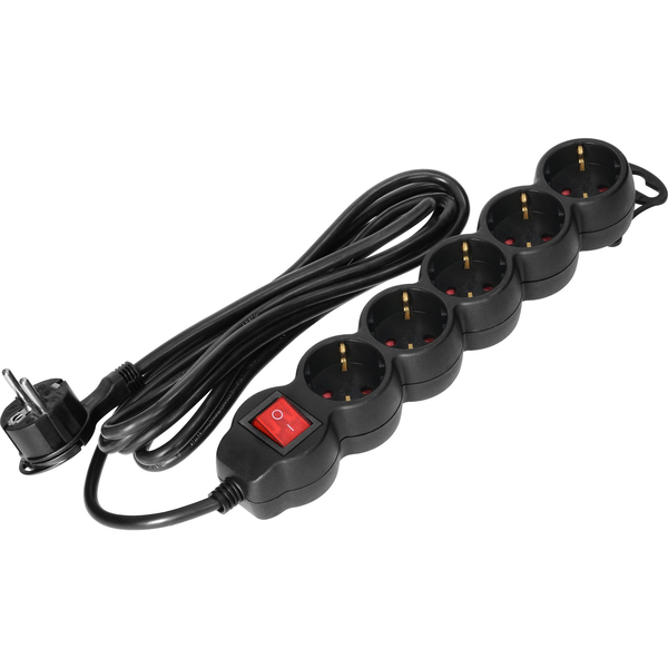 Orno Przedłużacz 5-krotny 2P+Z (Schuko), z wyłącznikiem, 3m H05VV-F 3x1,5mm2, Imax=16A, płaska wtyczka, czarny