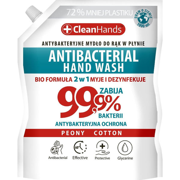  Chemia Mydło antybakteryjne CLEAN HANDS, BIO 99,9% Peony&Cotton, 1000 ml