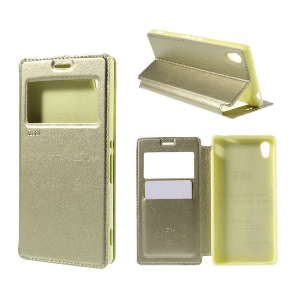 ROAR NOBLE VIEW tok álló, bőr hatású (FLIP, oldalra nyíló, asztali tartó funkció, View Window) ARANY [Sony Xperia M4 Aqua (E2303)] (5996457570508)