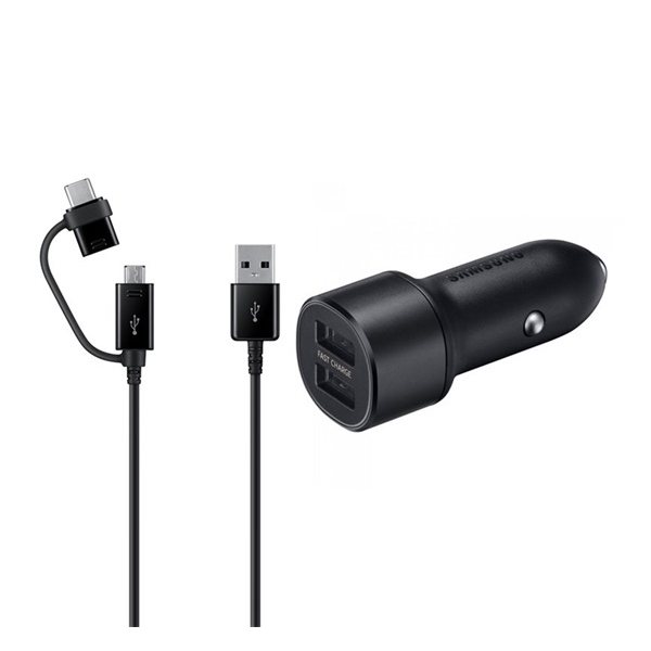 Samsung autós töltő 2 USB aljzat (15W, gyorstöltő, LED + Type-C/microUSB kábel) FEKETE "Gigapack csomagolás" (EP-L1100)