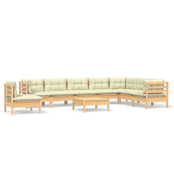 Set mobilier grădină cu perne crem, 9 piese, lemn masiv de pin