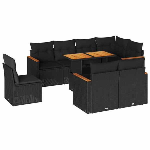 9 részes fekete polyrattan akácfa kerti ülőgarnitúra párnákkal