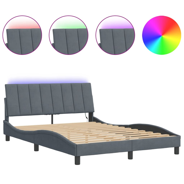Cadru de pat cu lumini LED, gri închis, 140x190 cm, catifea