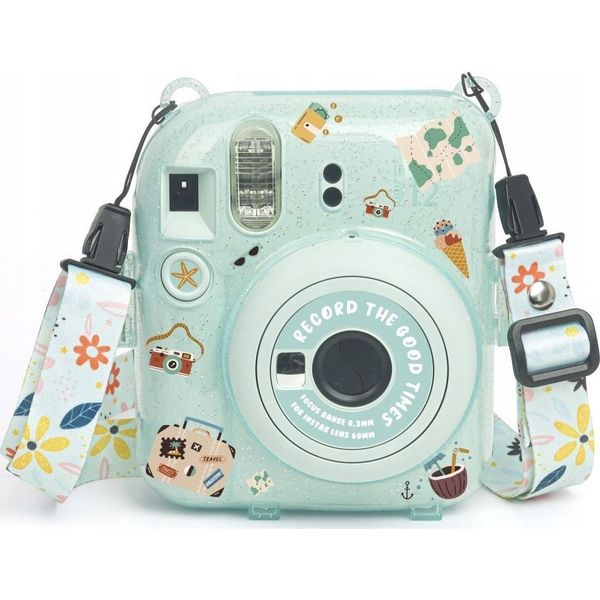 Pokrowiec LoveInstant Futerał Etui Pokrowiec Case do FujiFilm Fuji INSTAX Mini 12 + Naklejki i Kieszeń na Zdjęcia / Wakacyjny czas / Zielony Brokat