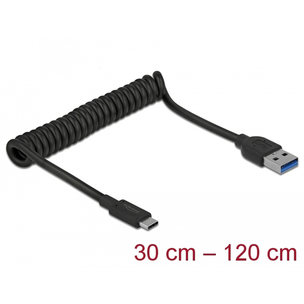 DeLOCK USB-A apa - USB-C apa Spirálkábel 1.2m - Fekete
