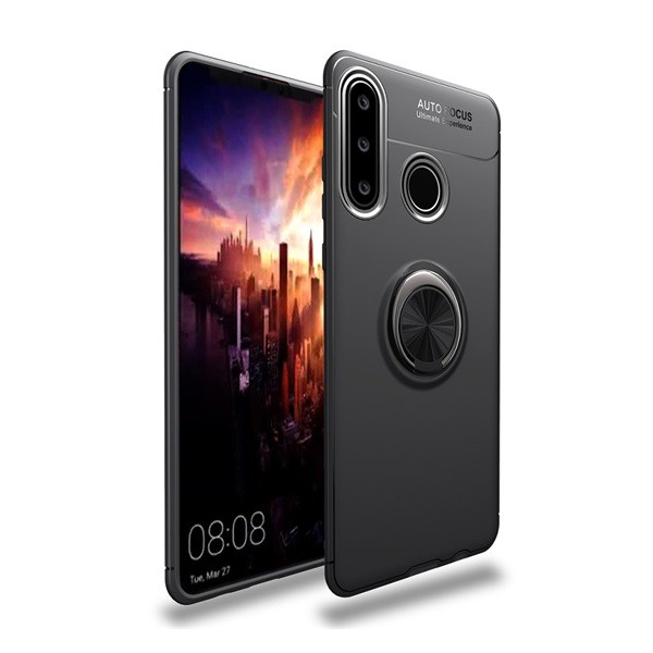 Szilikon telefonvédő (asztali tartó funkció, telefontartó gyűrű, 360°-ban forgatható, beépített fémlemez) FEKETE [Huawei P40 Lite E / Y7p] (5996457953721)