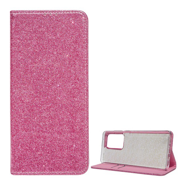 Tok álló, bőr hatású (FLIP, szilikon belső, oldalra nyíló, asztali tartó funkció, bankkártya tartó, csillogó) RÓZSASZÍN [Samsung Galaxy S20 Ultra 5G (SM-G988B)] (5996457950423)
