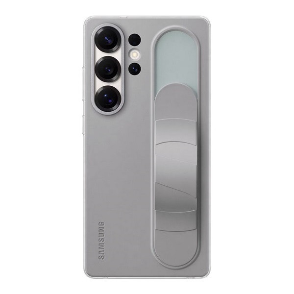 Samsung Galaxy S25 Ultra SM-S938, Szilikon tok, matt, kitámasztóval, beépített szíj, Standing Grip, világosszürke, gyári (RS166095)