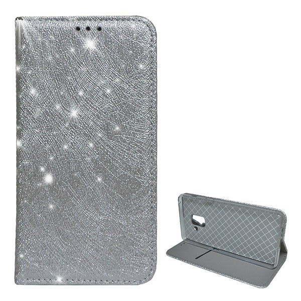 Tok álló, bőr hatású (FLIP, szilikon belső, oldalra nyíló, asztali tartó funkció, csillogó, fémes minta) EZÜST [Samsung Galaxy A8 Plus (2018) SM-A730F] (5996457742981)