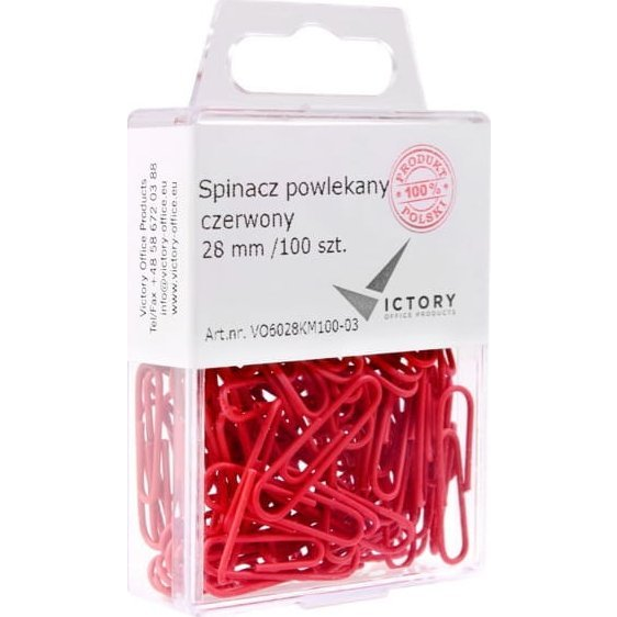  Victory Office Product SPINACZE BIUROWE VICTORY OFFICE 28MM 100 SZT. OKRĄGŁE POWLEKANE CZERWONE POJEMNIK PLASTIKOWY ZAWIESZANY