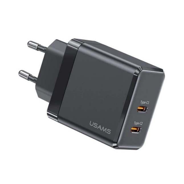 USAMS T54 hálózati töltő 2xUSB-C aljzat (5V/3A, 40W, GaN, PD gyorstöltő) fekete (CC172TC01) (CC172TC01)