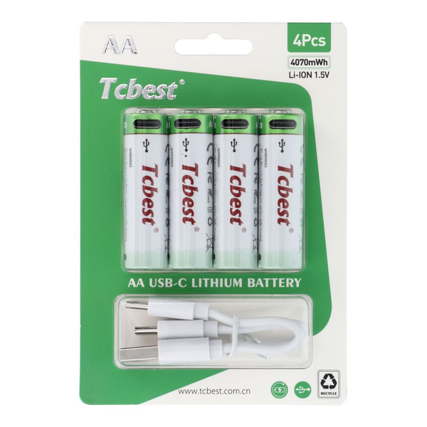 Tcbest újratölthető R6 (AA) elem 1100 mAh, USB-C csatlakozóval és töltőkábellel (4db) (6954457881818)