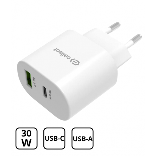 Hálózati töltő adapter PD30W/QC3.0 18W, Fehér