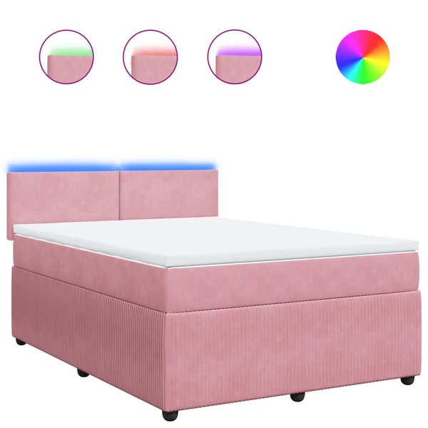 Pat box spring cu saltea, roz, 140x190 cm, catifea