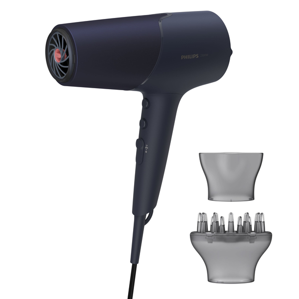 Uscator de par Philips BHD510/00, 2300W, tehnologie ThermoShield, ingrijire cu ioni, 2 setari de viteza, 3 setari de temperatura, difuzor, cap de coafare 11 mm, Albastru inchis metalizat