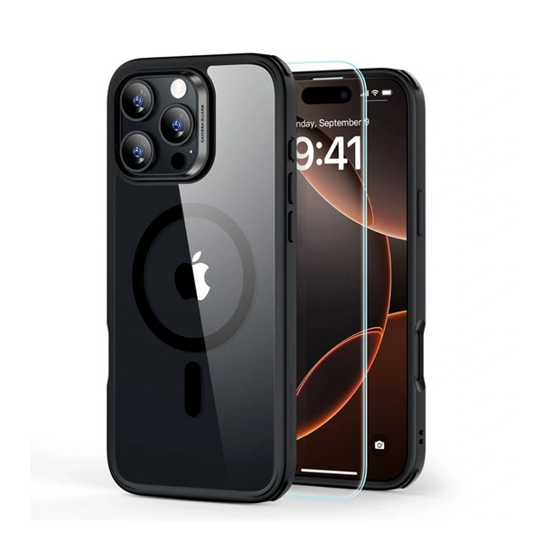 ESR HYBRID HALOLOCK szilikon telefonvédő (ütésállóság, légpárnás sarok, MagSafe + képernyővédő üveg) ÁTLÁTSZÓ/FEKETE Apple iPhone 16 Pro Max (GP-162544)
