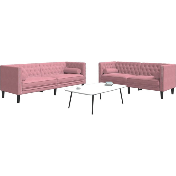 2 részes rózsaszín bársony Chesterfield kanapészett párnákkal