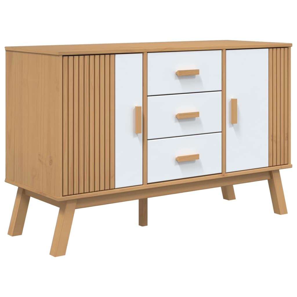 OLDEN fehér és barna tömör fenyőfa tálalószekrény 114x43x73,5cm (358599)