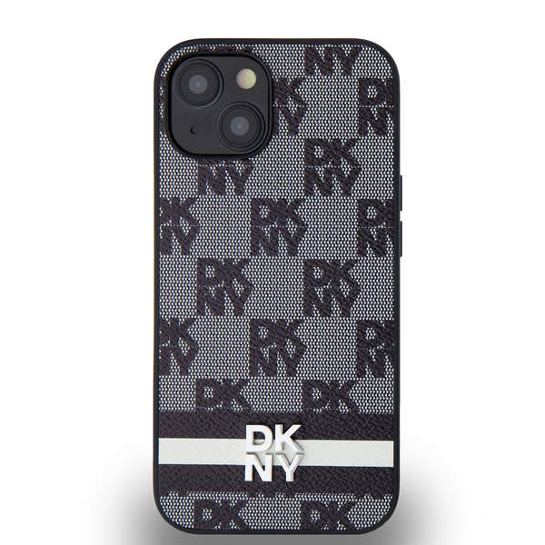 DKNY iPhone 14 kockás mintás csíkkal PU Bőr Telefon tok - Fekete