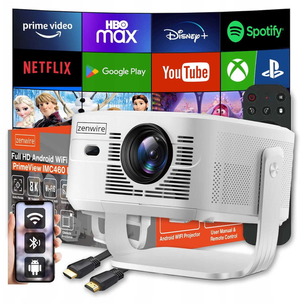 Zenwire PrimeView IMC460 Pro mini prenosni projektor Android 14, WiFi 6, Bluetooth 5.4, Full HD 950 ANSI, 4K/8K, autofocus