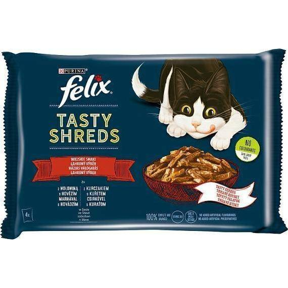 Állateledel alutasakos FELIX Tasty Shreds macskáknak 4-pack házias marha-csirke válogatás szószban 4x80 g