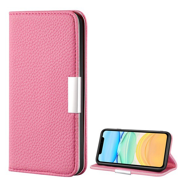 Tok álló, bőr hatású (FLIP, oldalra nyíló, asztali tartó funkció, mágneses, elegáns fémcsat, prémium) RÓZSASZÍN [Apple iPhone 12 mini] (5996591012278)