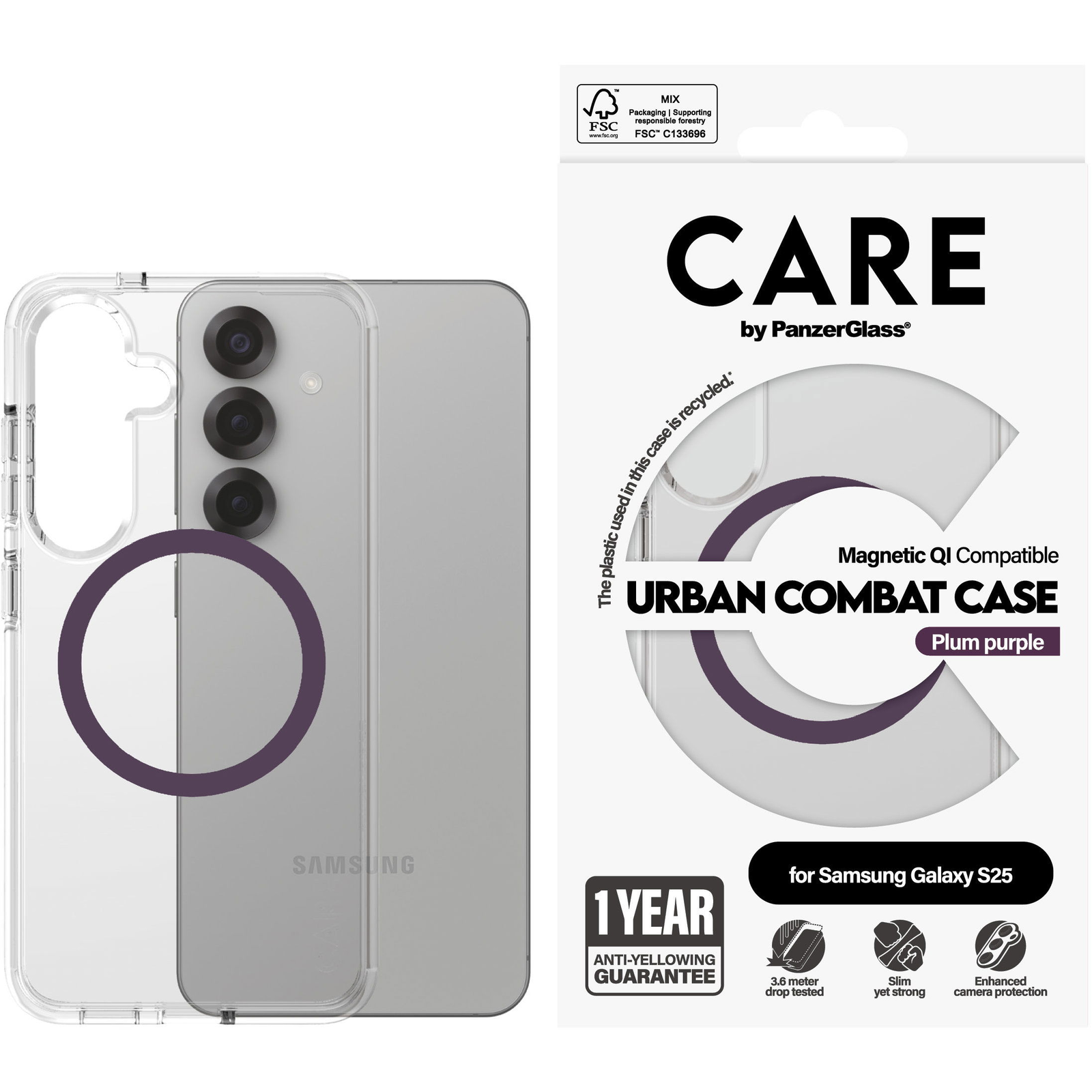 PanzerGlass CARE Urban Combat Samsung Galaxy S25 átlátszó/lila Qi tok - Plum Purple (CRRFUTCG38388)