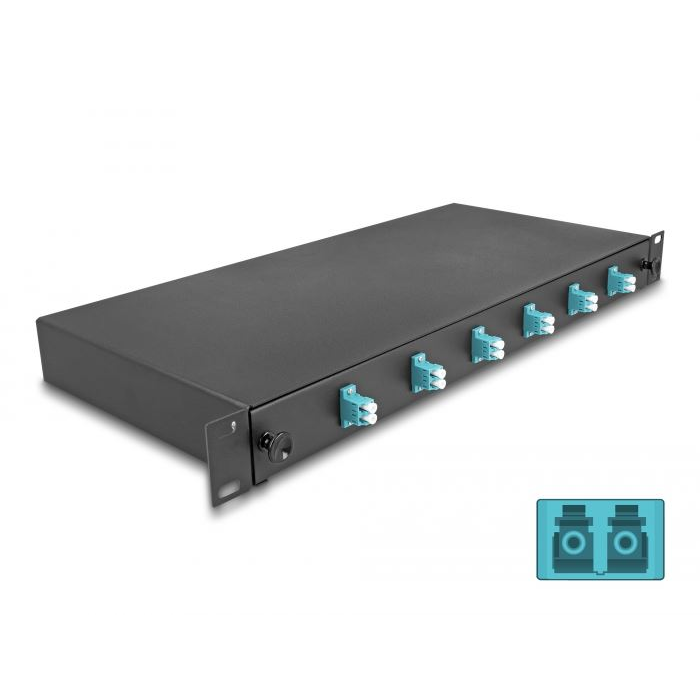 Delock 19” hosszú sínekbe rögzítéshez optikai szálösszefűző doboz, 6db LC Duplex OM3 1U, kompletten összeszerelve (66998) (delock66998)
