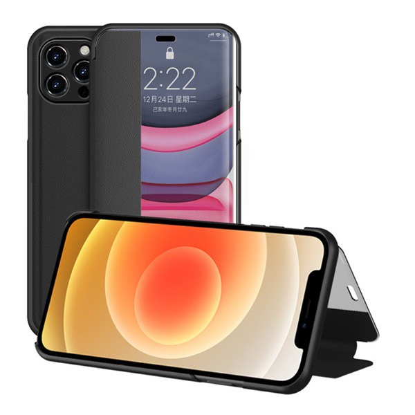 Tok álló, bőr hatású (FLIP, oldalra nyíló, asztali tartó funkció, hívószámkijelzés, View Window) FEKETE [Apple iPhone 12 mini] (5996591013602)