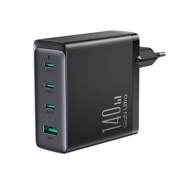 JOYROOM hálózati töltő USB-A + 3xUSB-C aljzat (5V / 3A, GaN, PD, gyorstöltés támogatás) fekete (JR-TCG05EU) (JR-TCG05EU)