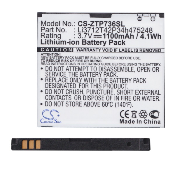 Cameron Sino Li-Ion akku (3.7V/1100mAh, Orange Li3712T42P3h475248 kompatibilis) FEKETE ZTE Atlas 3.5W / Blade II (CS-ZTP736SL)