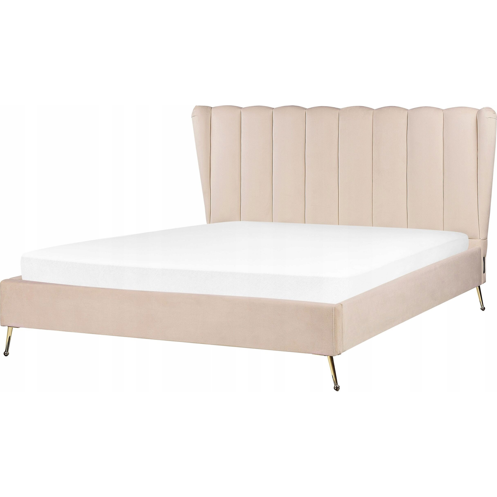 Cama Con Somier De Terciopelo Beige Dorado 160 X 200 Cm Metal Usb Cabecero Miribel - Beige