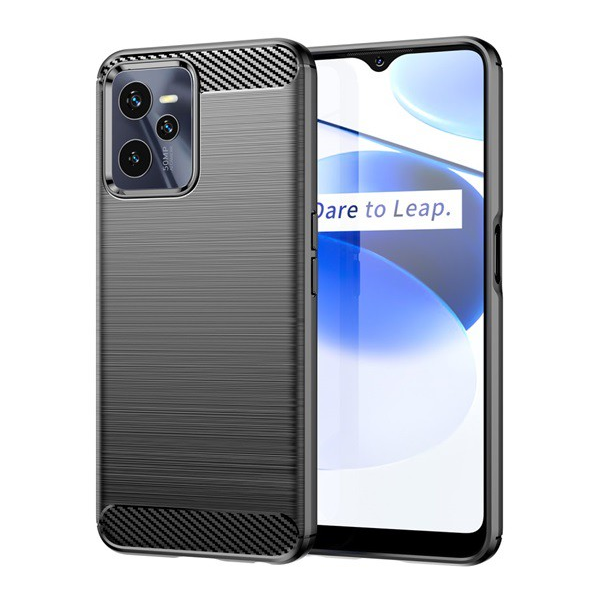 Szilikon telefonvédő (közepesen ütésálló, légpárnás sarok, szálcsiszolt, karbon minta) FEKETE [Realme C35] (5996591160191)