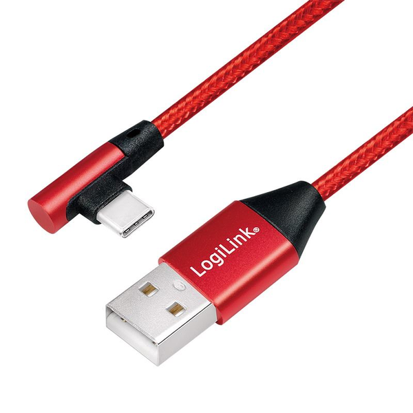 Кабел за данни Logilink, CU0146, USB 2.0 (T) към USB 2.0 Type-C (T) при 90 градуса, 1 м, Premium, Червен