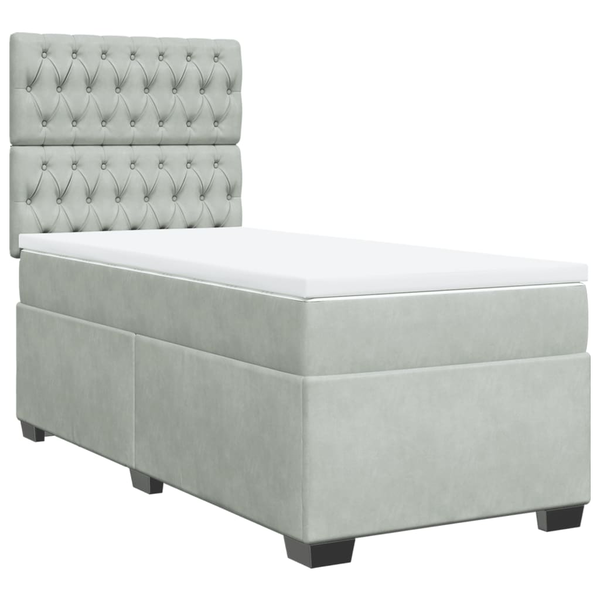 Pat box spring cu saltea, gri deschis, 90x190 cm, catifea