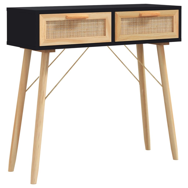 Masă consolă negru 80x30x75 cm lemn masiv pin și ratan natural