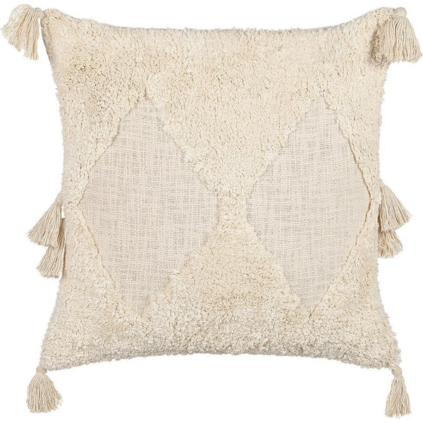Cojín De Algodón Beige Claro 45 X 45 Cm Patrón Geométrico Borlas Relleno Avium - Beige