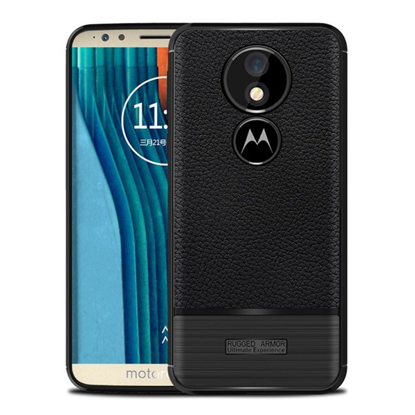 Szilikon telefonvédő (közepesen ütésálló, bőr hatású, szálcsiszolt) FEKETE [Motorola Moto E5 (XT1944)] (5996457771363)