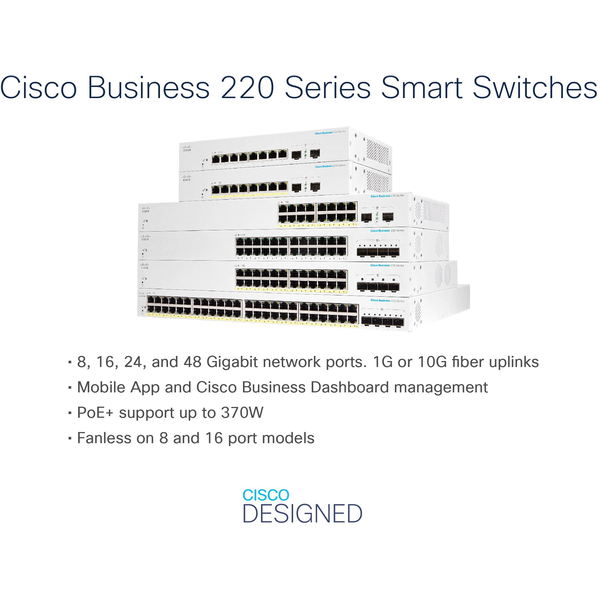 Cisco Cisco switch CBS220-24P-4X, 24xGbE RJ45, 4x10GbE SFP+, PoE+, 195W - REFRESH