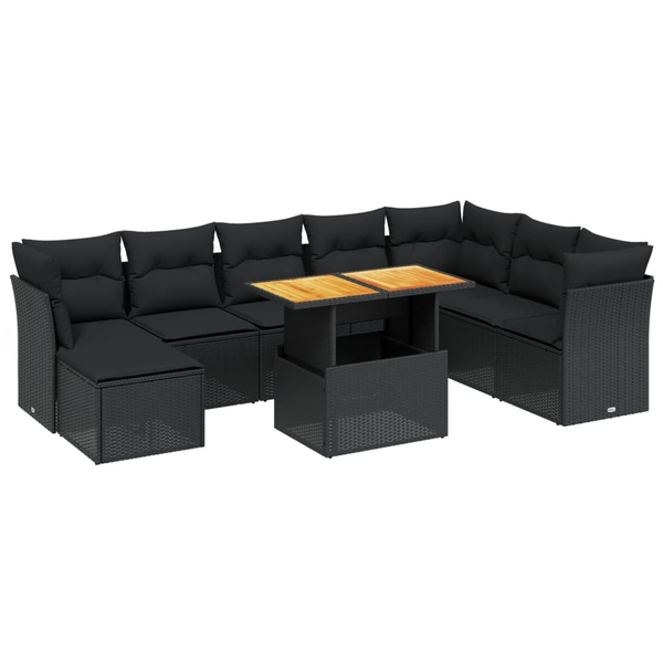 9 részes fekete polyrattan kerti ülőgarnitúra párnákkal