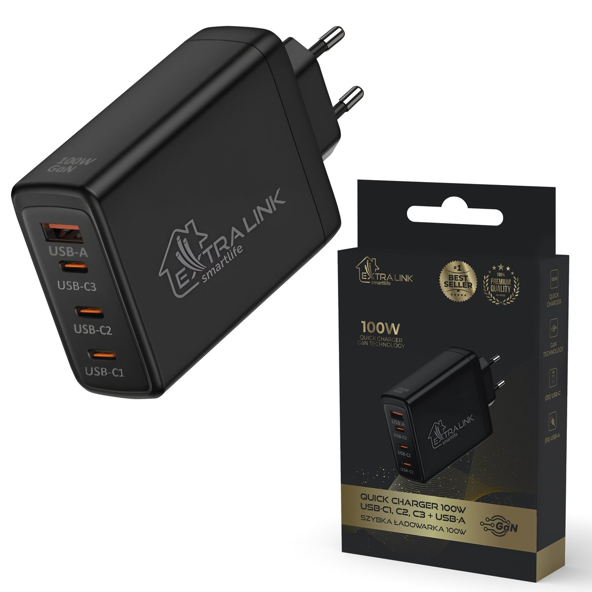ExtraLink CHARESL01 Smart Life 3x USB Type-C / 1x USB Type-A GaN Hálózati töltő - Fekete (100W) (CHARESL01)