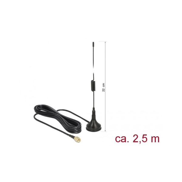 Delock LTE antenna SMA-dugó 2 dBi irányítatlan, rögzített, csatlakozókábellel RG-174 2,5 m, kültéri