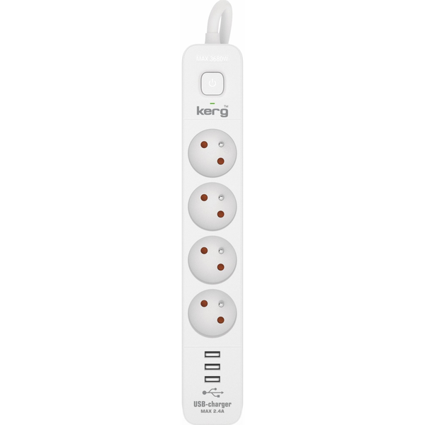 Kerg Urządz. zas.-zabezpiecz. KERG z wyłącznikiem-4 gniazda-3USB-biało-szary-5m-16A-H05VV-F-3x1,5mm2
