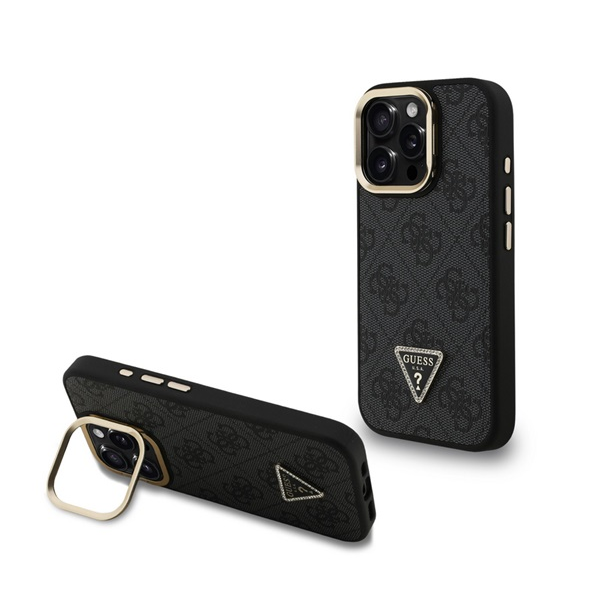 CG MOBILE GUESS PU 4G STRASS TRIANGLE LOGO STAND műanyag telefonvédő (ütésállóság, bőr hatású hátlap, kitámasztó) FEKETE Apple iPhone 16 Pro (GUHMP16LPCS4GPTK)