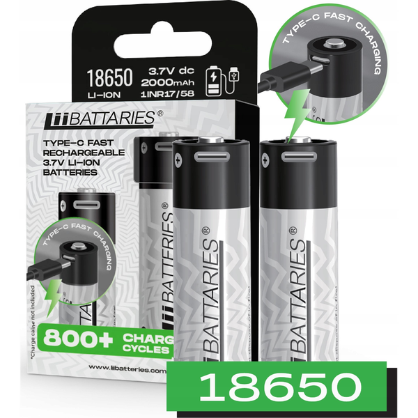 Liibattaries USB-C Polnilne zmogljive baterije Lithium-Ion 18650 2000mAh 3,7V (2 kosa)