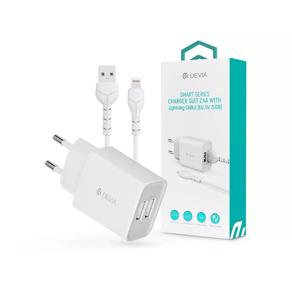 Devia Smart 2xUSB hálózati töltő adapter + USB - Lightning USB kábel 1 m-es vezetékkel - Devia Smart Series Charger Suit With Lightning Cable - 5V/2.4A - fehér (ST361395)