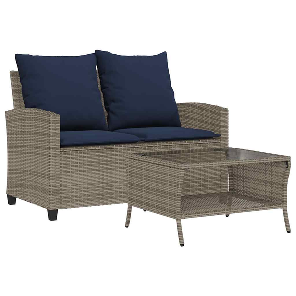 2 személyes szürke polyrattan kerti kanapé asztallal&párnával