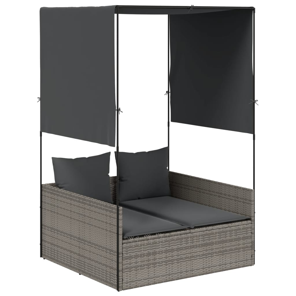 szürke polyrattan dupla napozóágy tetővel és függönyökkel (4002757)