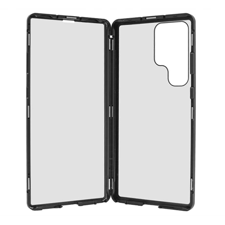 Alumínium telefonvédő (360°-os védelem, mágneses, ütésállóság, üveg előlap + hátlap, 9H) FEKETE Samsung Galaxy S23 Ultra (SM-S918) "Gigapack csomagolás" (GP-139338)