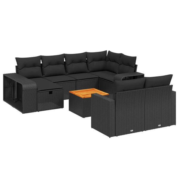 11 részes fekete polyrattan kerti ülőgarnitúra párnákkal